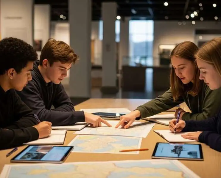 4 persone sedute a un tavolo discutono la realizzazione di un exhibit